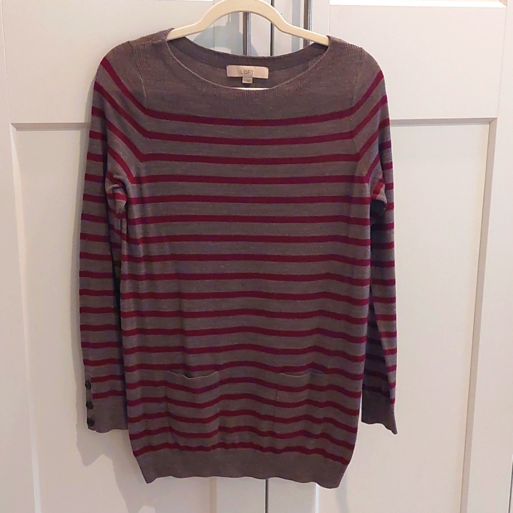 Loft Magenta & Taupe Stripe Boat Neck Sweater - Medium